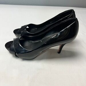 WHBM NICE Black‎ Patent Leather Peep Toe Heels Snake Print Heel Size 8M